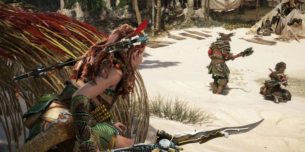 Aloy looks down on enemies in Horizon Forbidden West