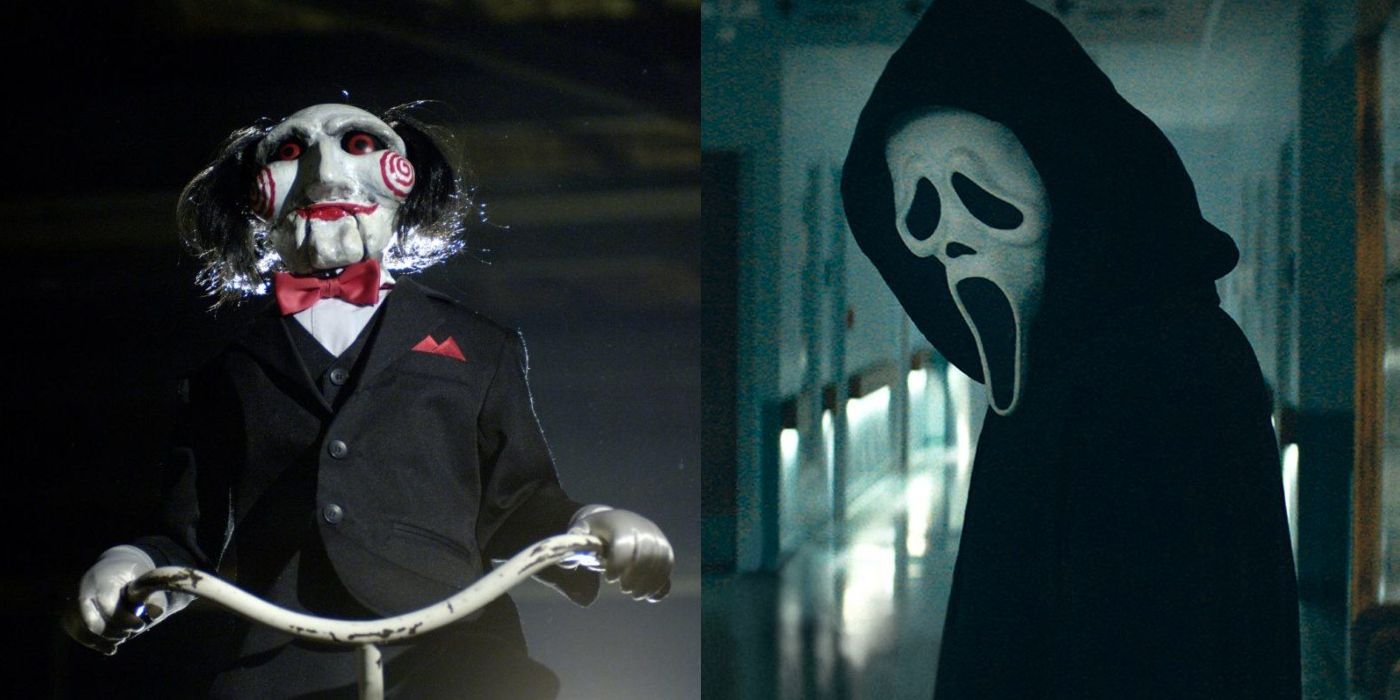 Split image of Jigsaw in Saw and Ghostface in Scream