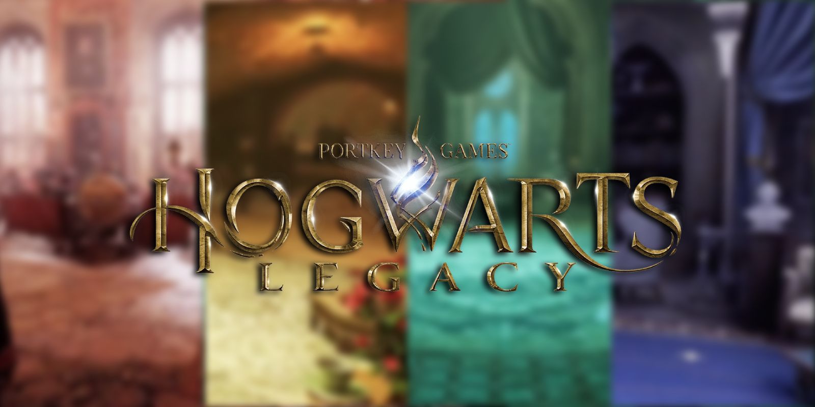 The logo for Hogwarts Legacy over a blurry image of all four common rooms of the Hogwarts Houses