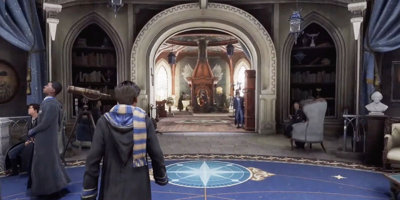 A student in Hogwarts Legacy walks around inside the Ravenclaw common room
