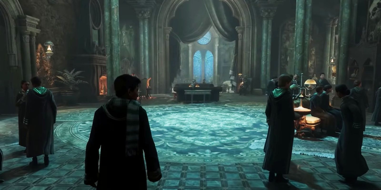 A student in Hogwarts Legacy explores the Slytherin common room