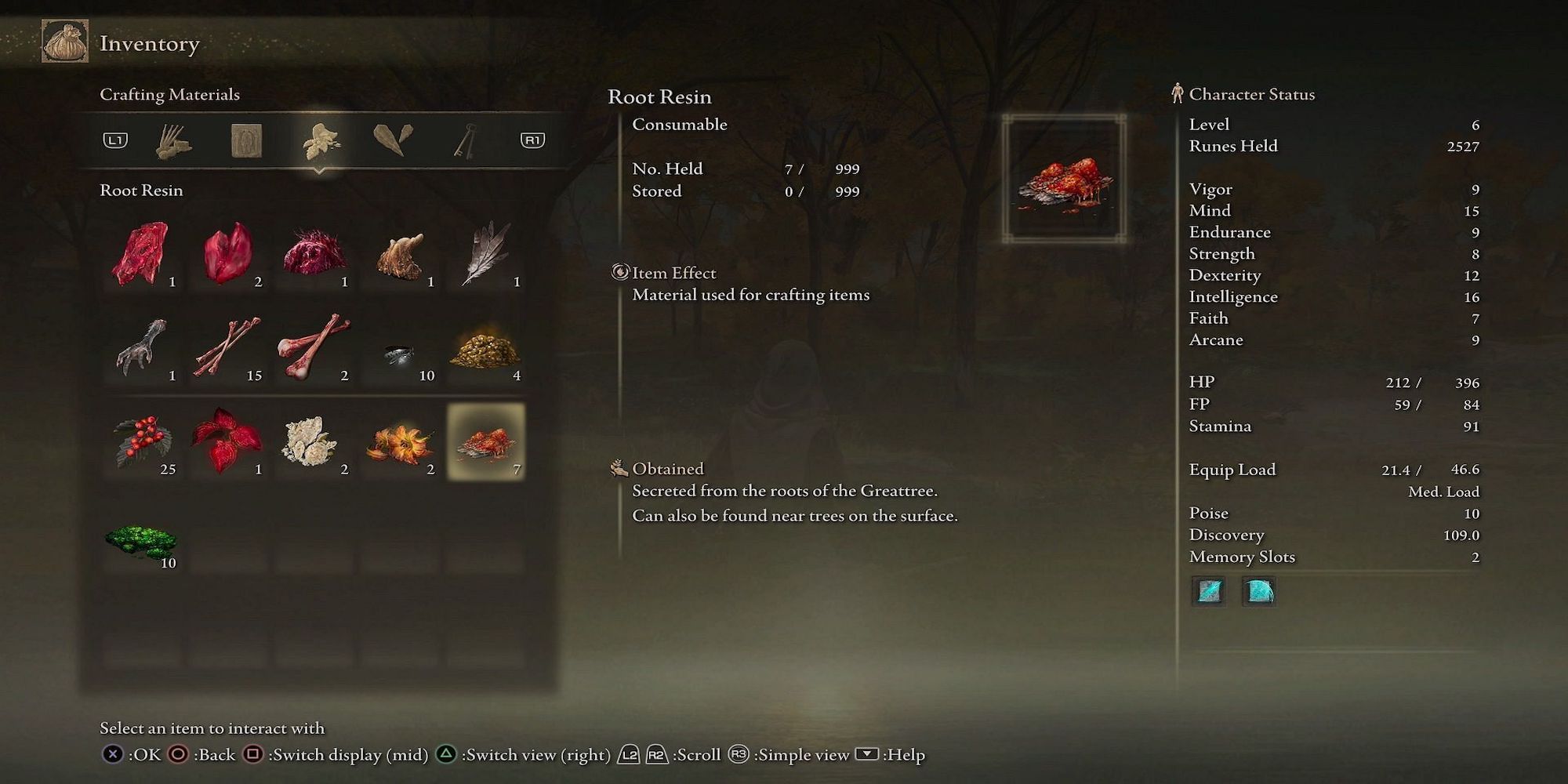 Elden Ring's Inventory screen with the item Root Resin selected