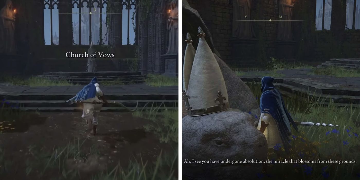 A split-screen image of a player in Elden Ring approaching the statue in the Church of Vows next to an image of the player standing next to the Turtle Pope.
