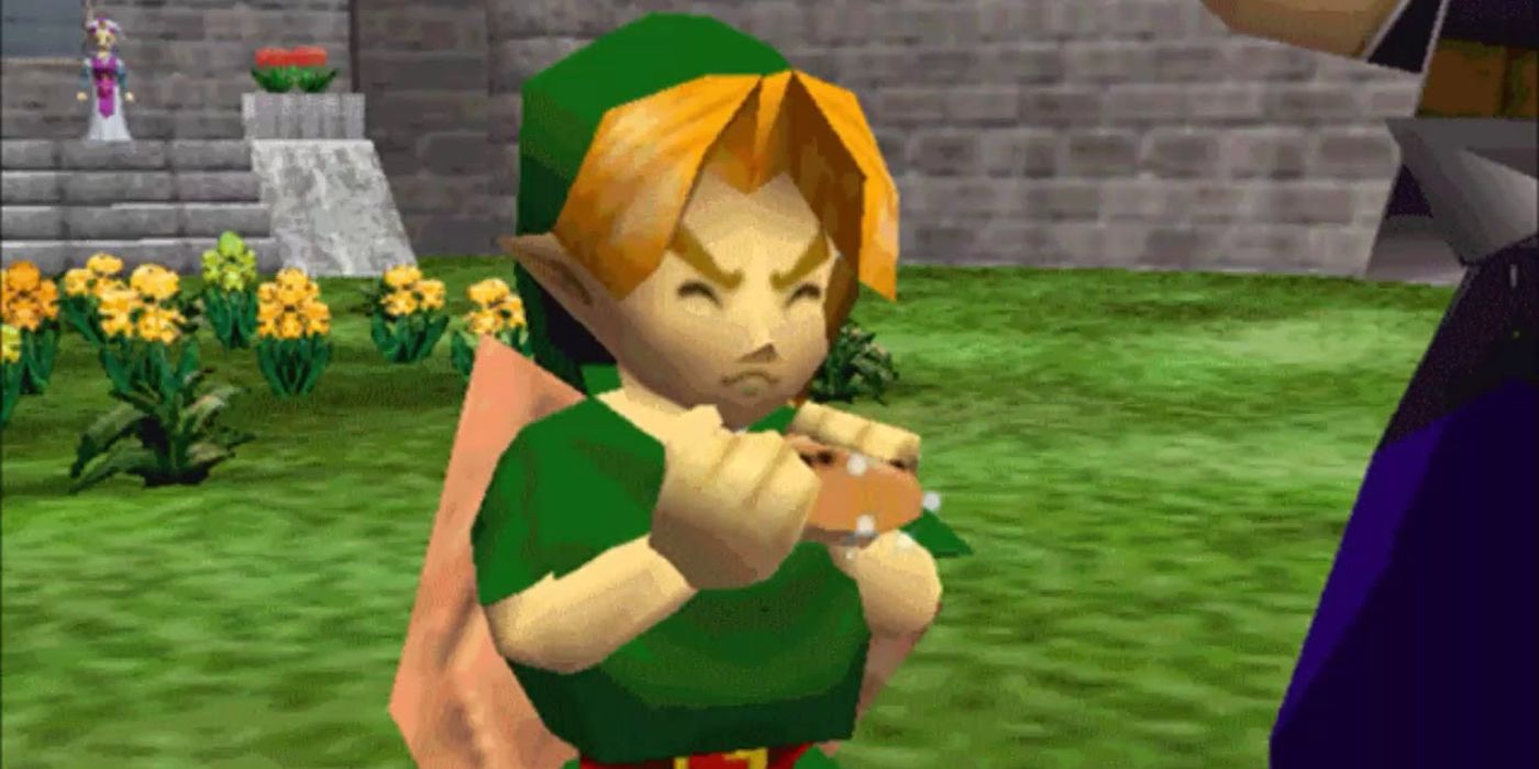 Link with a disatisfied look on his face with an ocarina in hand in the legend of zelda: ocarina of time.
