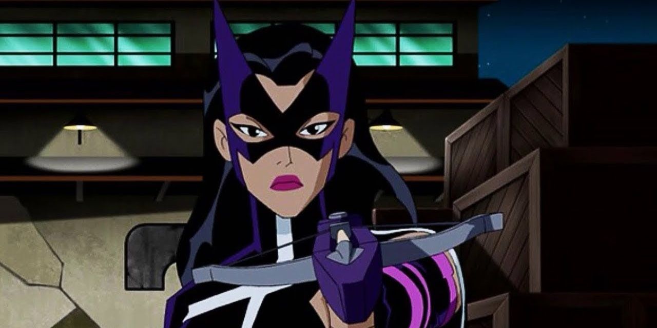 Huntress points her crossbow at the camera in Justice League Unlimited 
