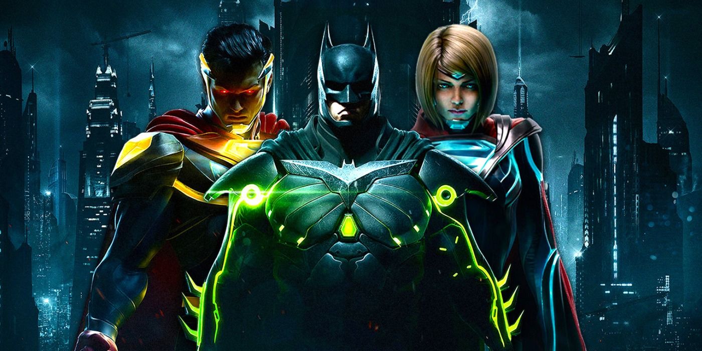 Promo art of Injustice 2 featuring Superman, Batman, and Supergirl in their glowing armored suits