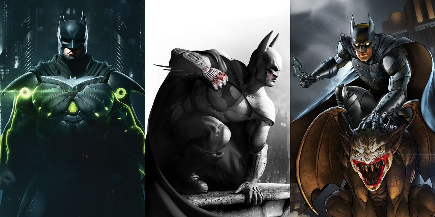 Split image of Batman in promo art for Injustice 2, Arkham City, and The Enemy Within