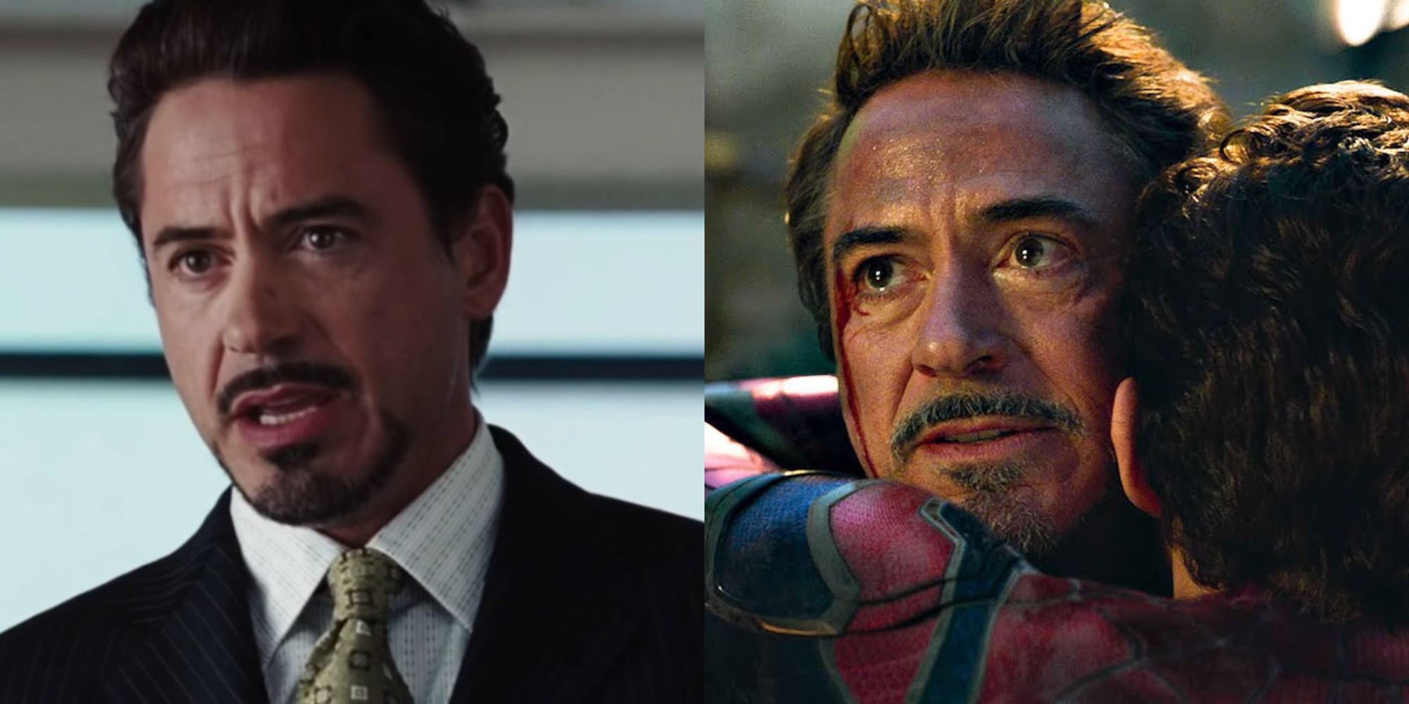 Split image of Tony at a press conference and hugging Peter