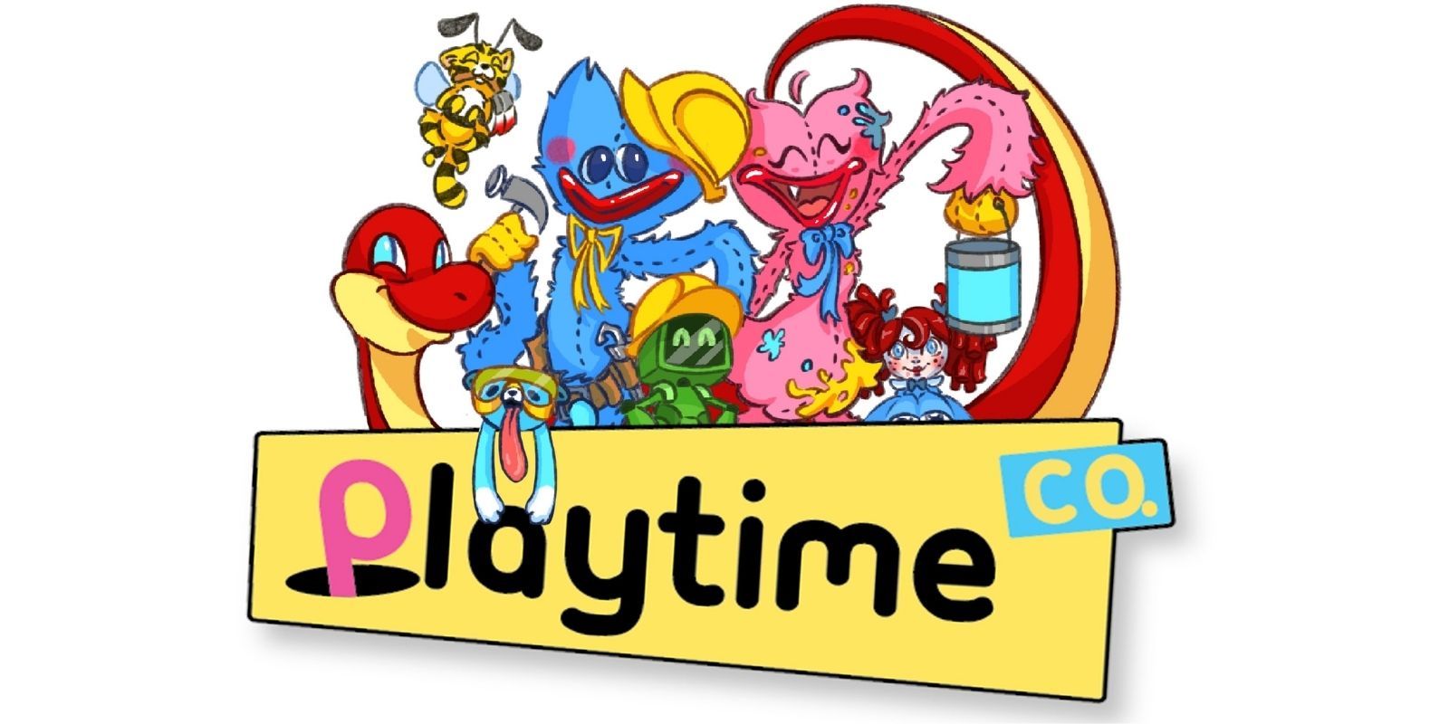 O logotipo da Poppy Playtime's Playtime Co., apresentando Huggy Wuggy e outros brinquedos feitos pelo fabricante fictício.