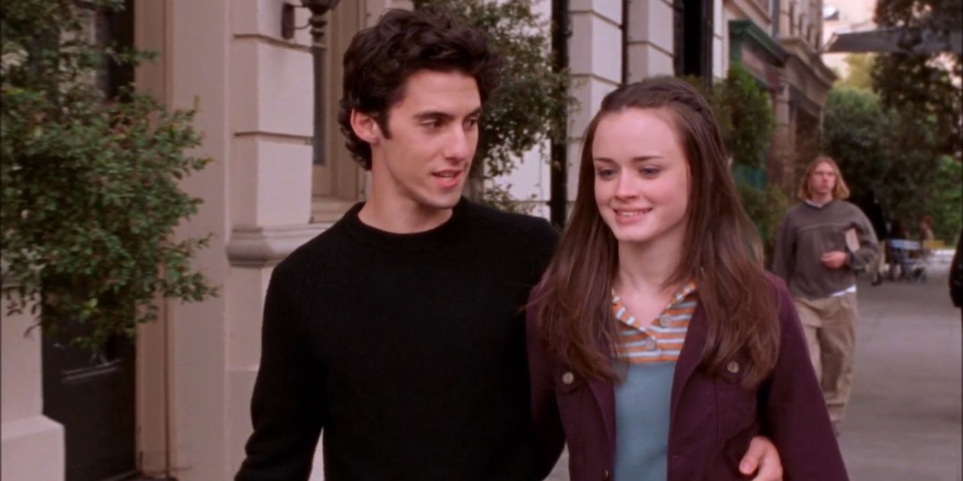 Jess Mariano e Rory Gilmore andando em Gilmore Girls