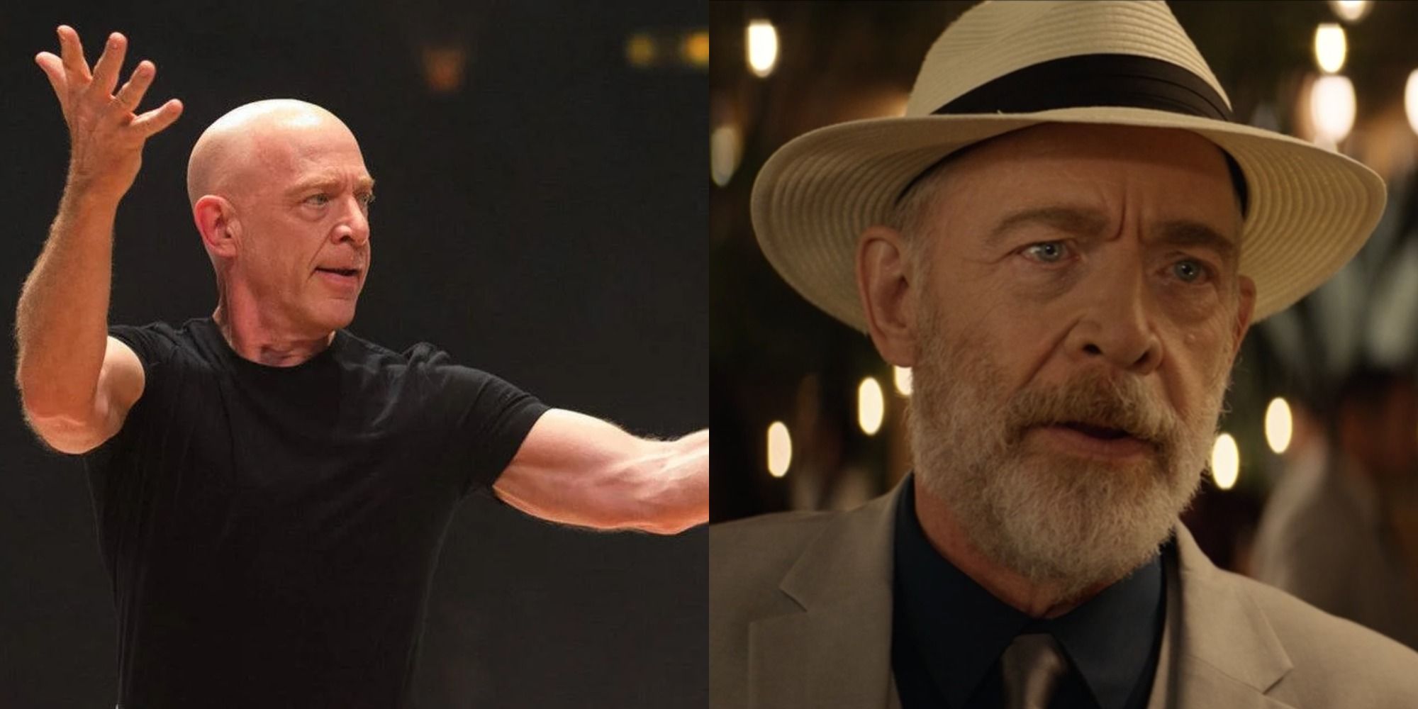 Split image showing JK Simmons in Whiplash and Palm Springs