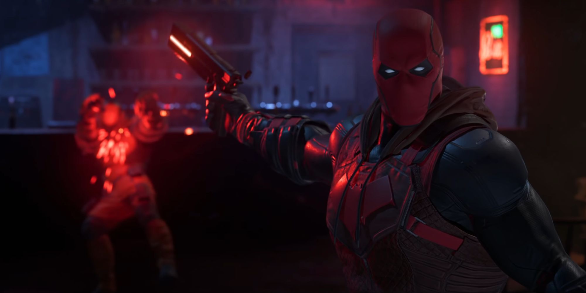 Jason Todd as Red Hood shooting a criminal with his pistol in Gotham Knights