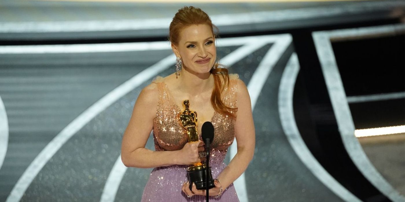 Jessica Chastain accepting her award on stage during her winning speech