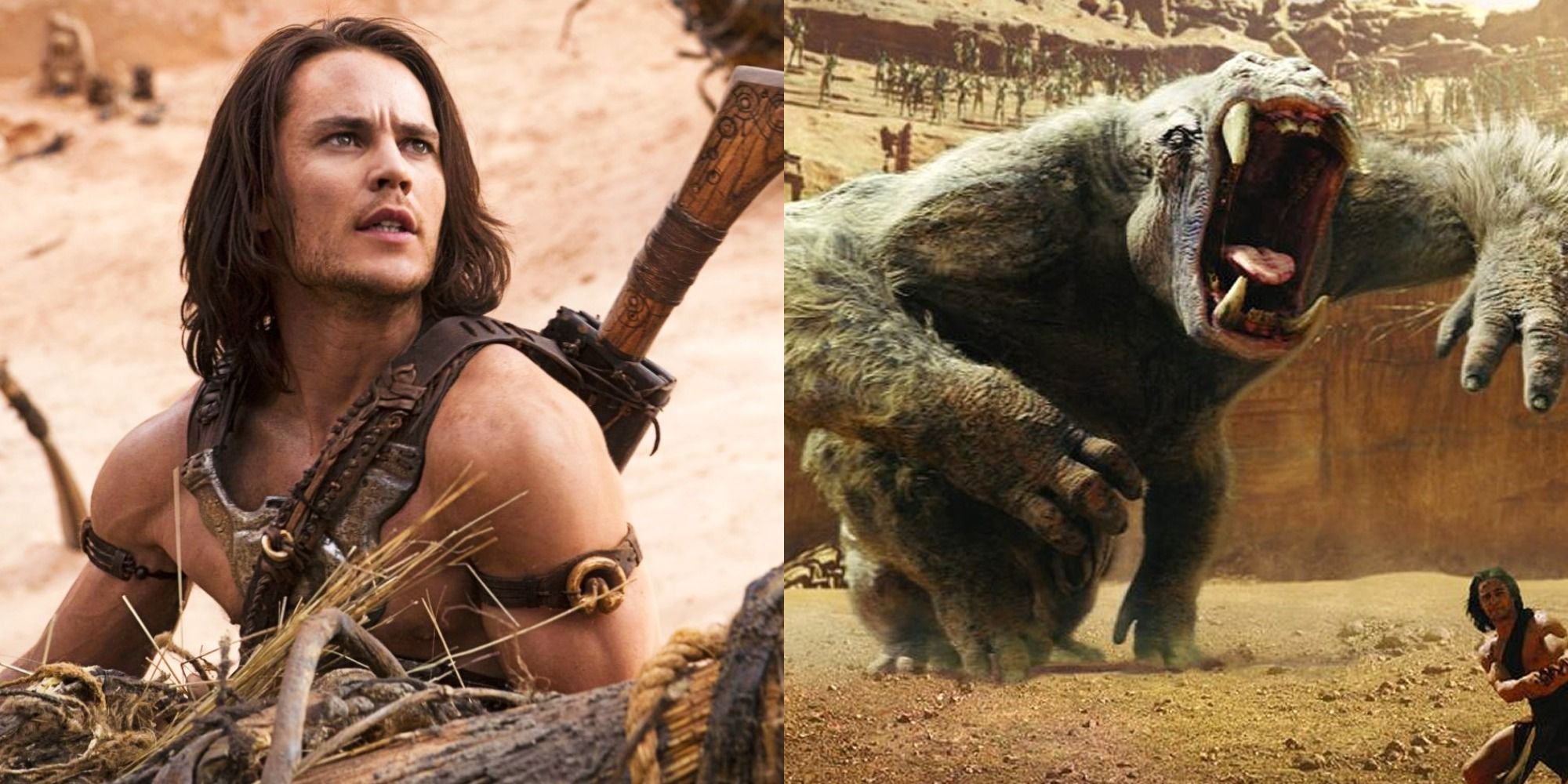 Split image of Taylor Kitsch and a monster in John Carter