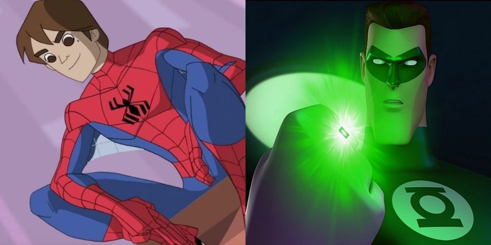 Split image showing Josh Keaton as Peter Parker in The Spectacular Spider-Man and as Green Lantern in GLTAS