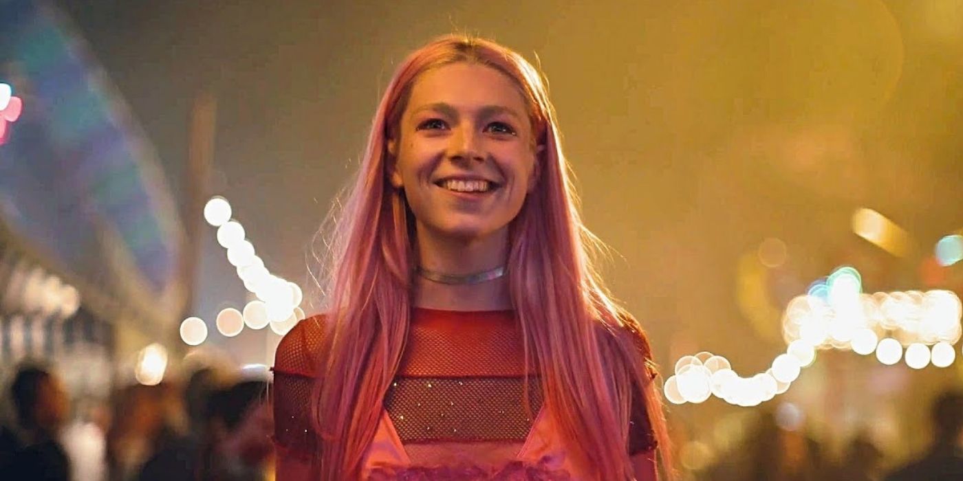 Jules Smiling Wear a Bright Pink Outfit At A Carnival on Euphoria