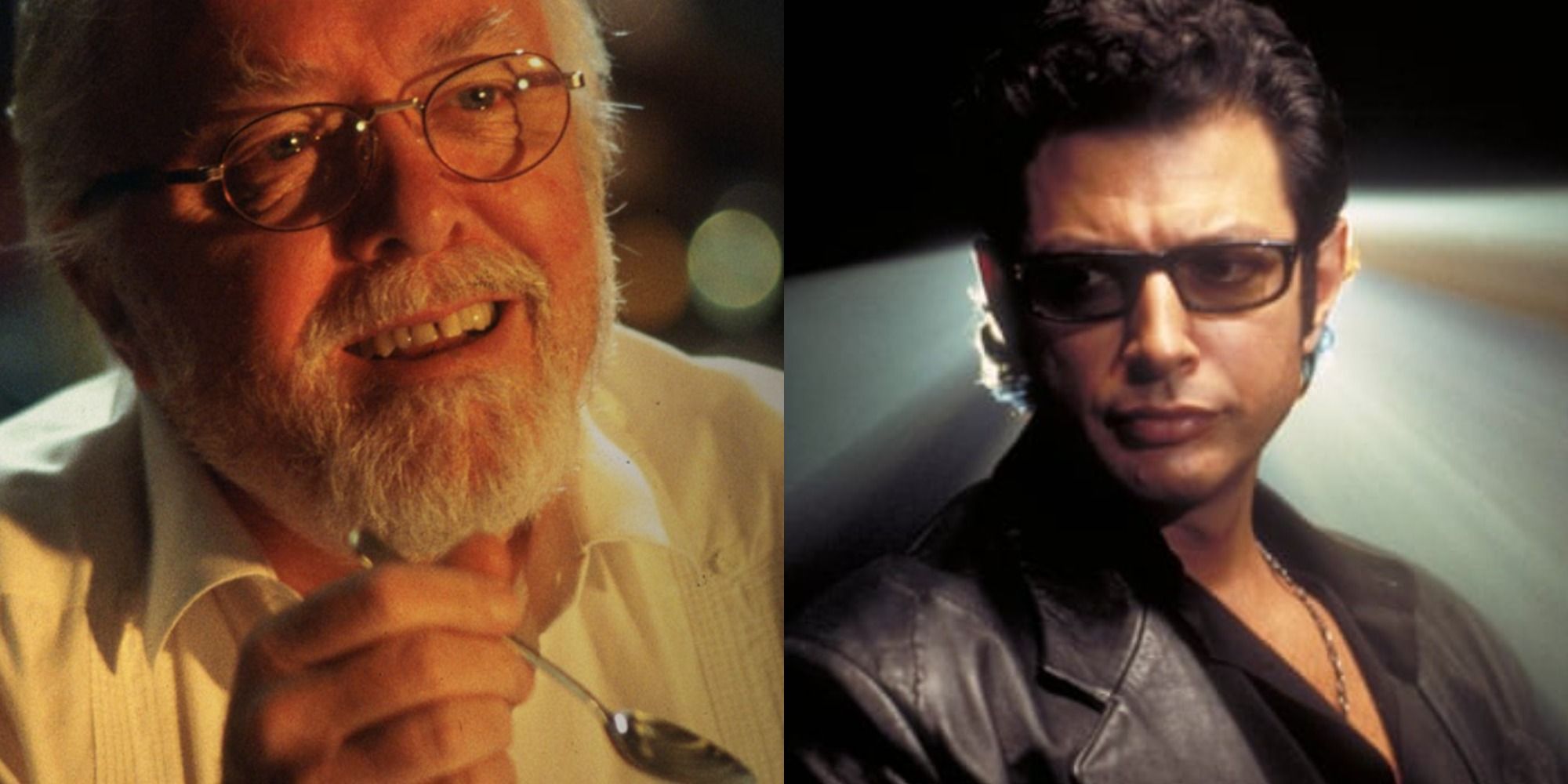 Split image of John Hammond and Ian Malcolm in Jurassic Park