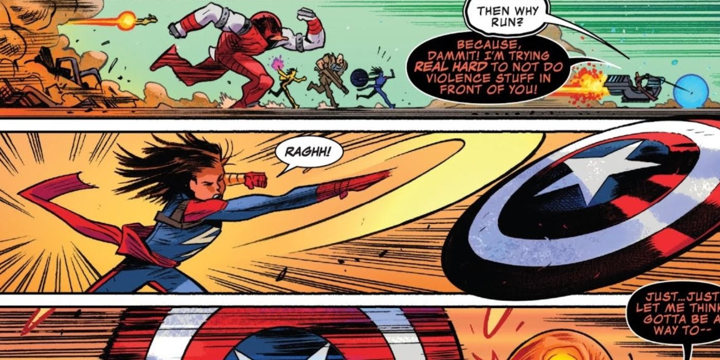 Kamala Khan as Captain America attacks in Marvel Comics.