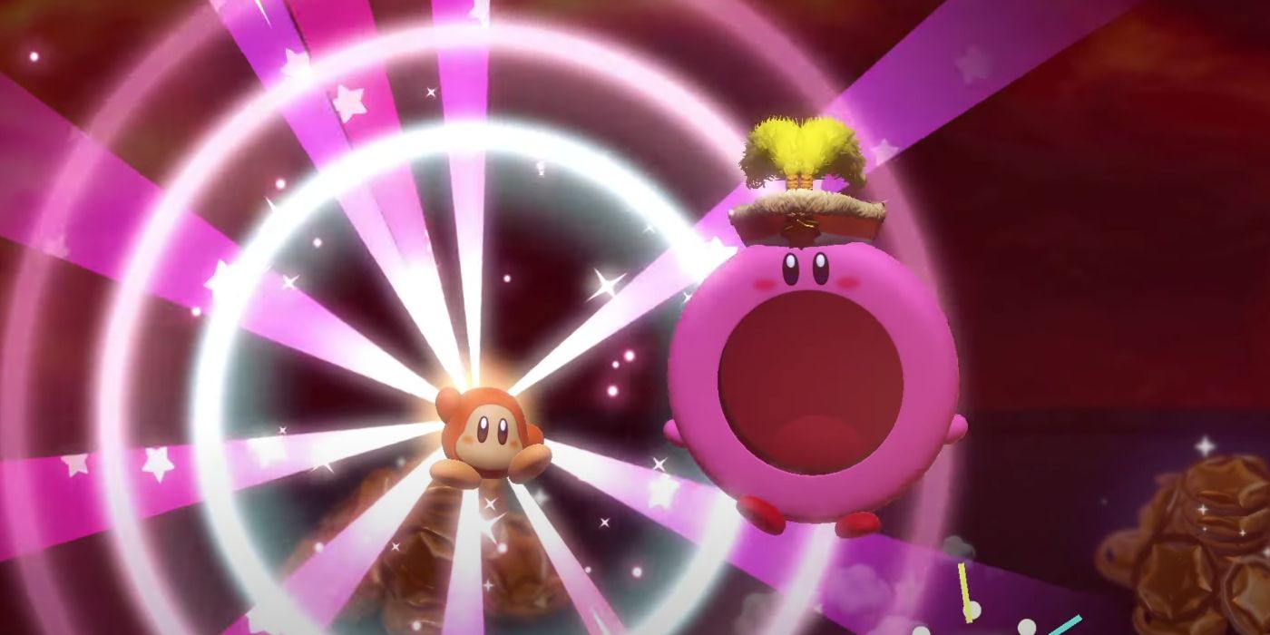 Rescuing a Waddle Dee in Kirby &amp; The Forgotten Land's Inferno Road level.