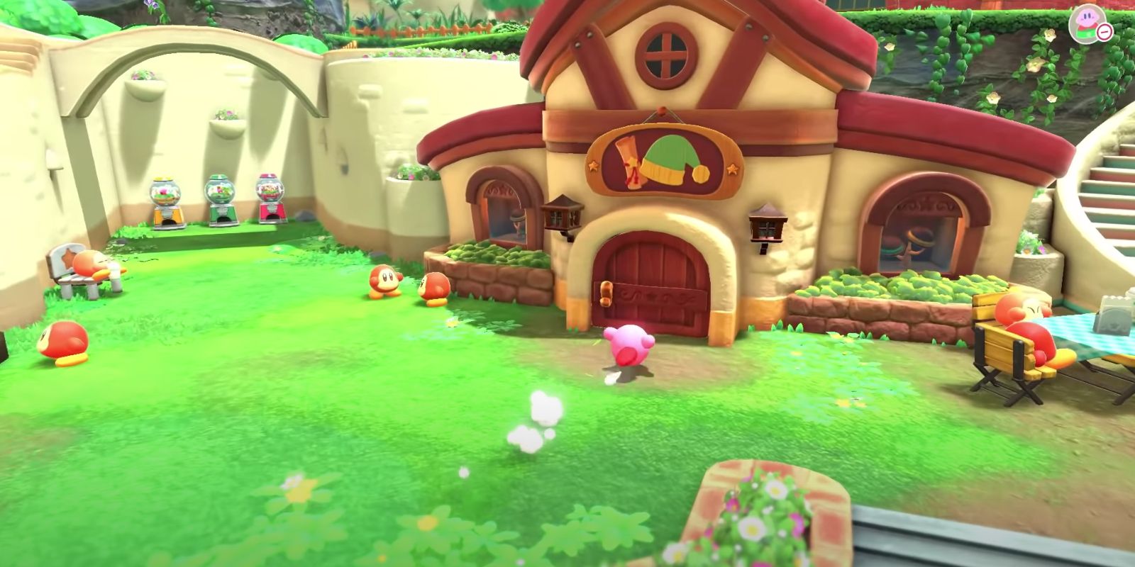 The Waddle Dee Weapons Shop in Kirby &amp; The Forgotten Land's Waddle Dee Town.