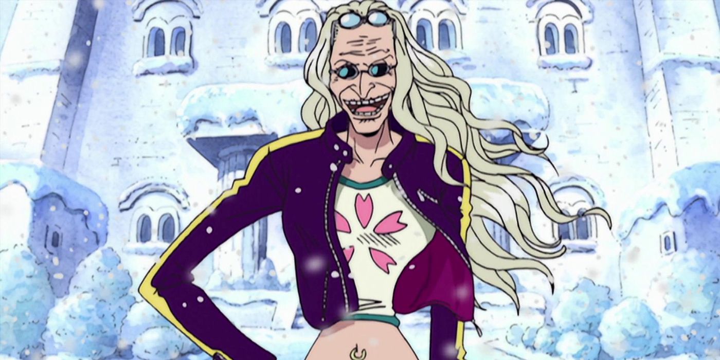 One Piece's Kureha stands in front of a building covered in snow.