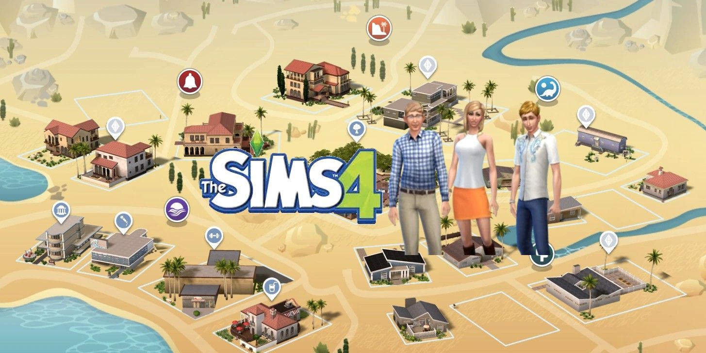 Landgraab family from Sims 4 overlayed on Oasis Springs.