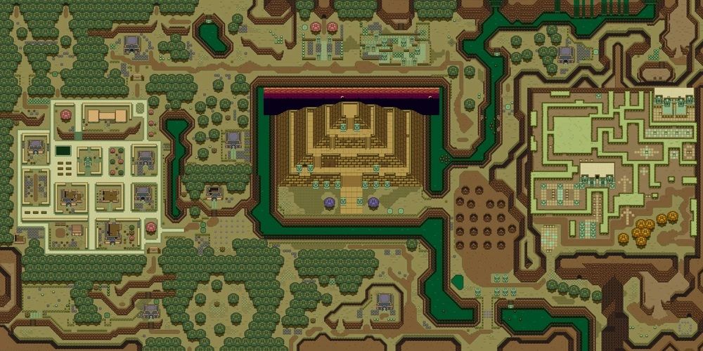 An overhead view of the Legend of Zelda Dark World map