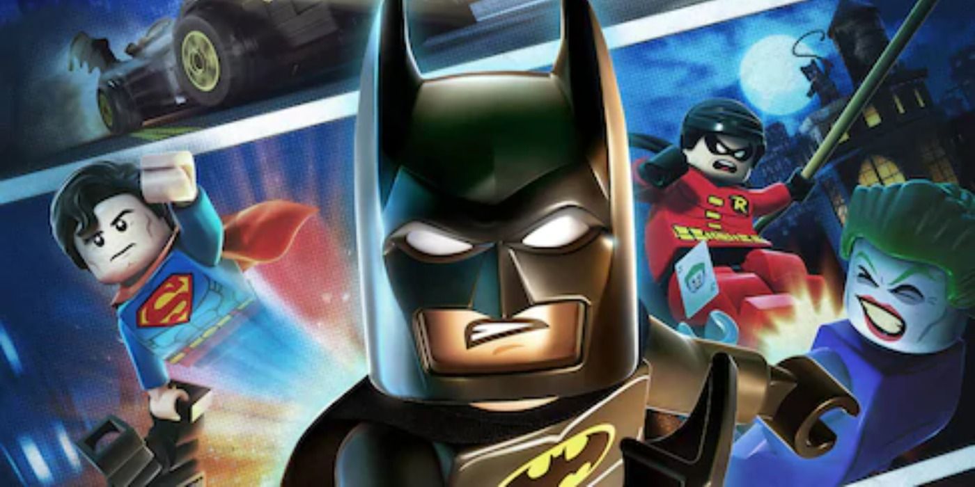 A lego version of Batman with Superman and Robin in the background for Lego Batman 2 cover art