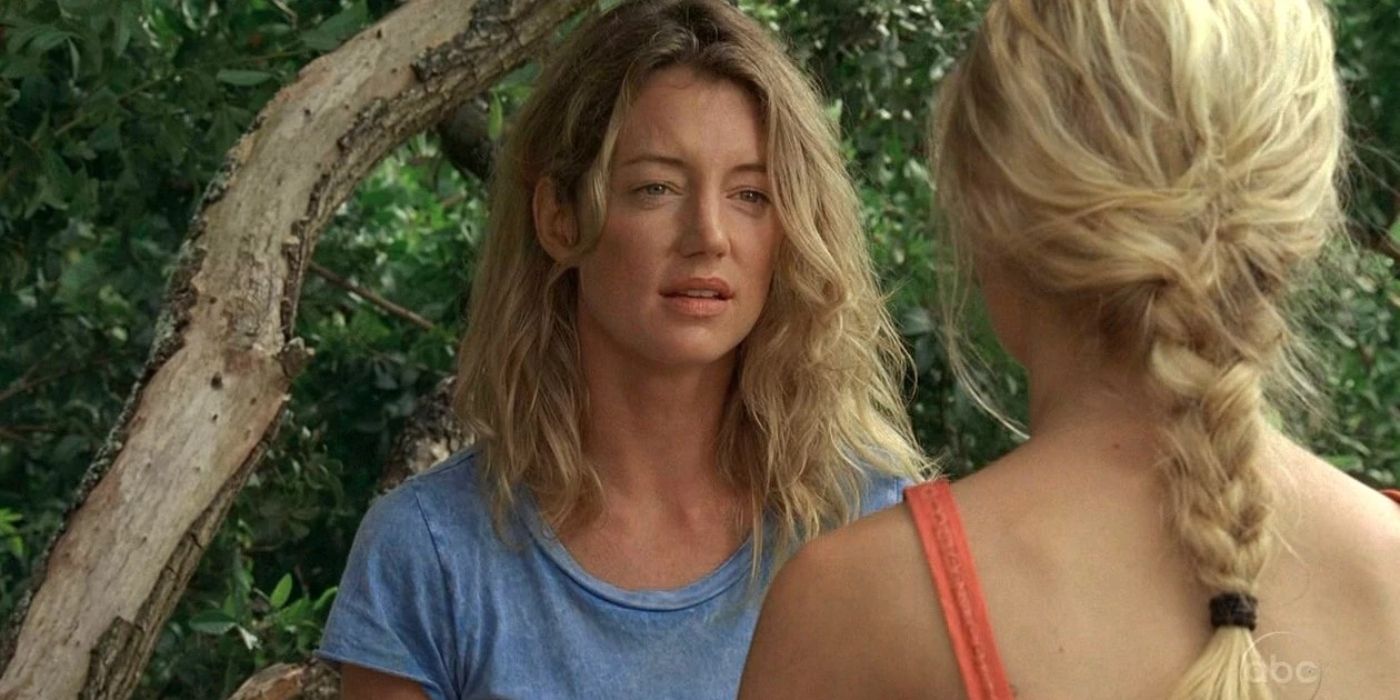 Libby (Cynthia Watros) helps Claire Littleton (Emilie de Ravin) on the island in Lost