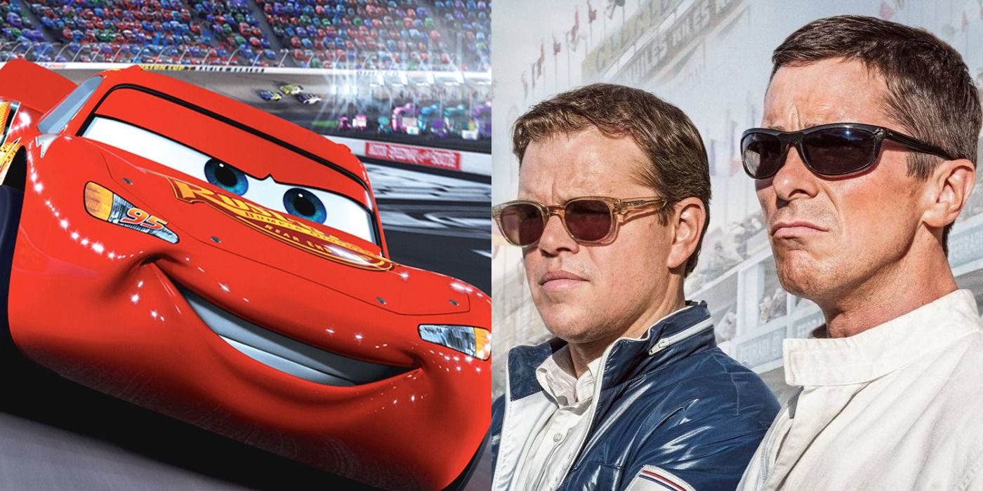 Lightning McQueen racing and Matt Damon and Christian Bale before Le Mans.
