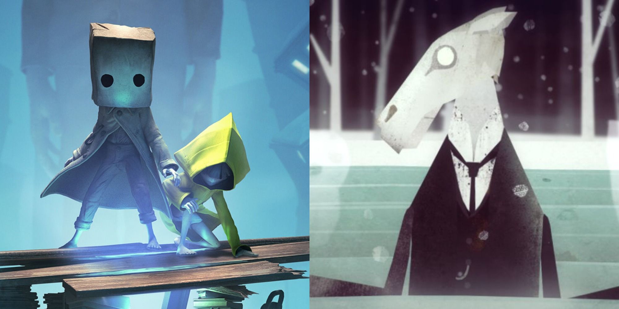 Split image showing artwork for the games Little Nightmares 2 and Year Walk