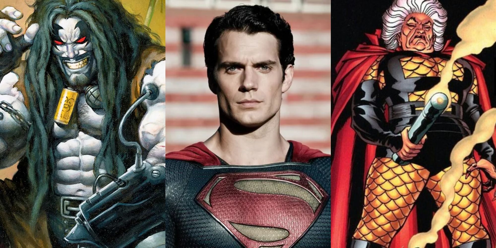 Split image showing Lobo, Henry Cavill in Man of Steel, and Granny Goodness