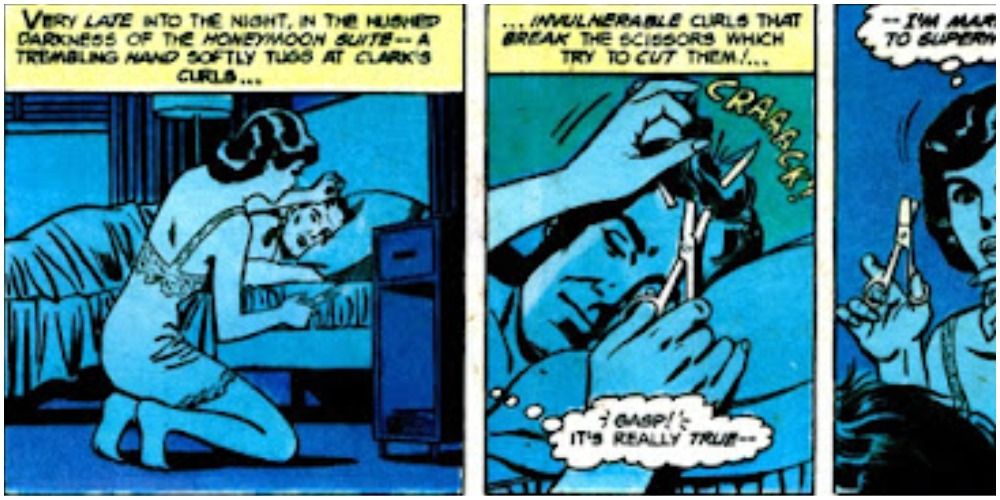 Lois attempts to cut CLark's hair in his sleep in Action Comics #484