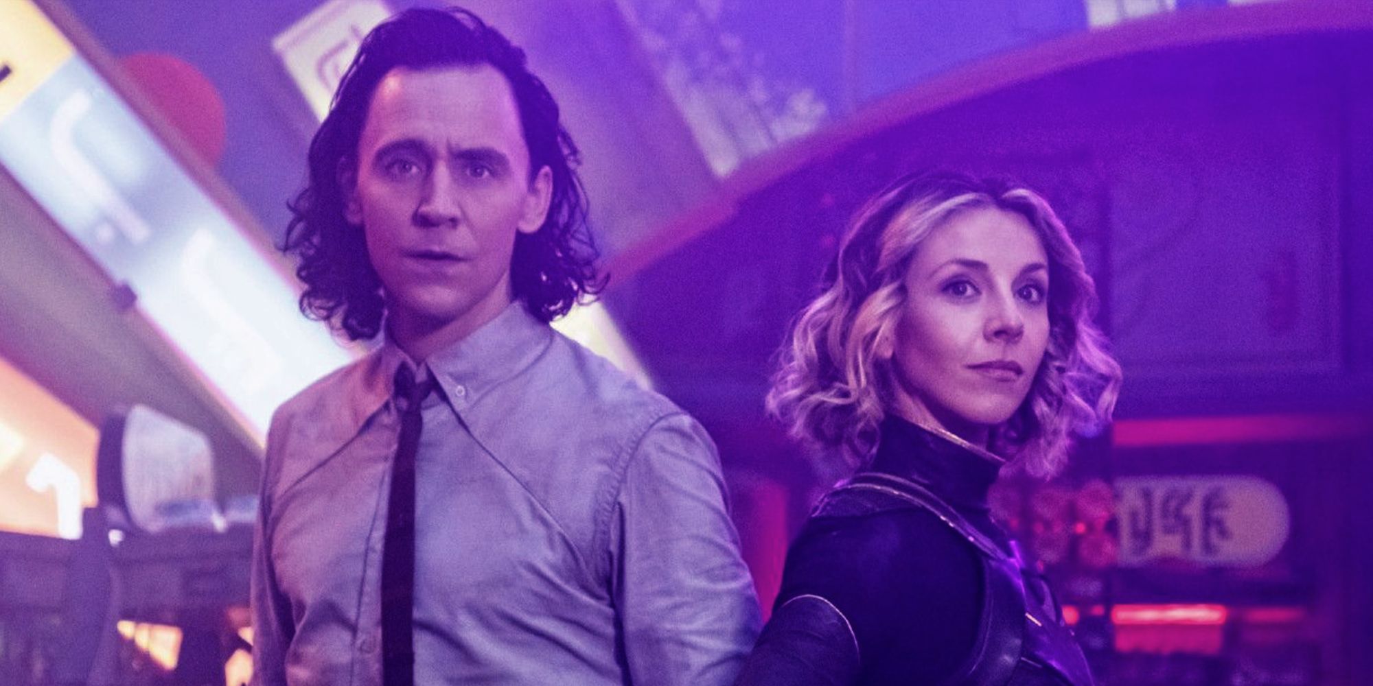 Tom Hiddleston as Loki and Sophia Di Martino as Sylvie in Loki.