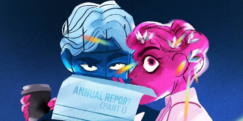 Comic book art: Hades and Persephone from Lore Olympus, whispering behind a piece of paper that says "Annual Report"