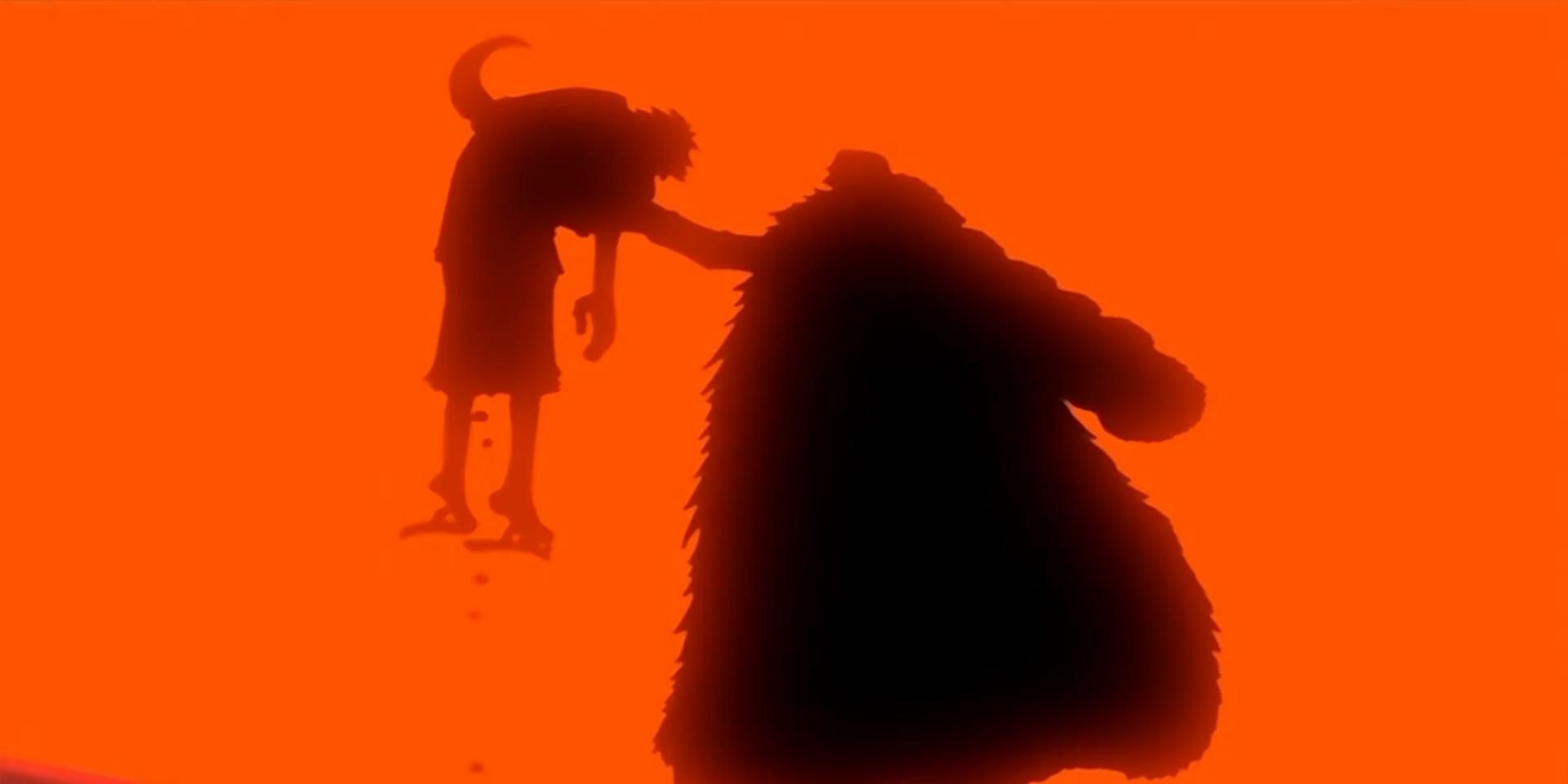 Sir Crocodile punches a hole through Luffy's stomach with his hook hand on an orange sky in One Piece