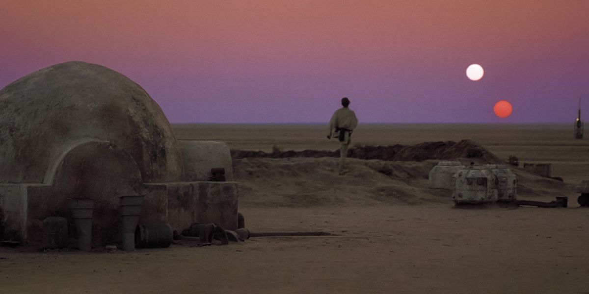 Luke Skywalker walking into a sunset on Tatooine in Star Wars