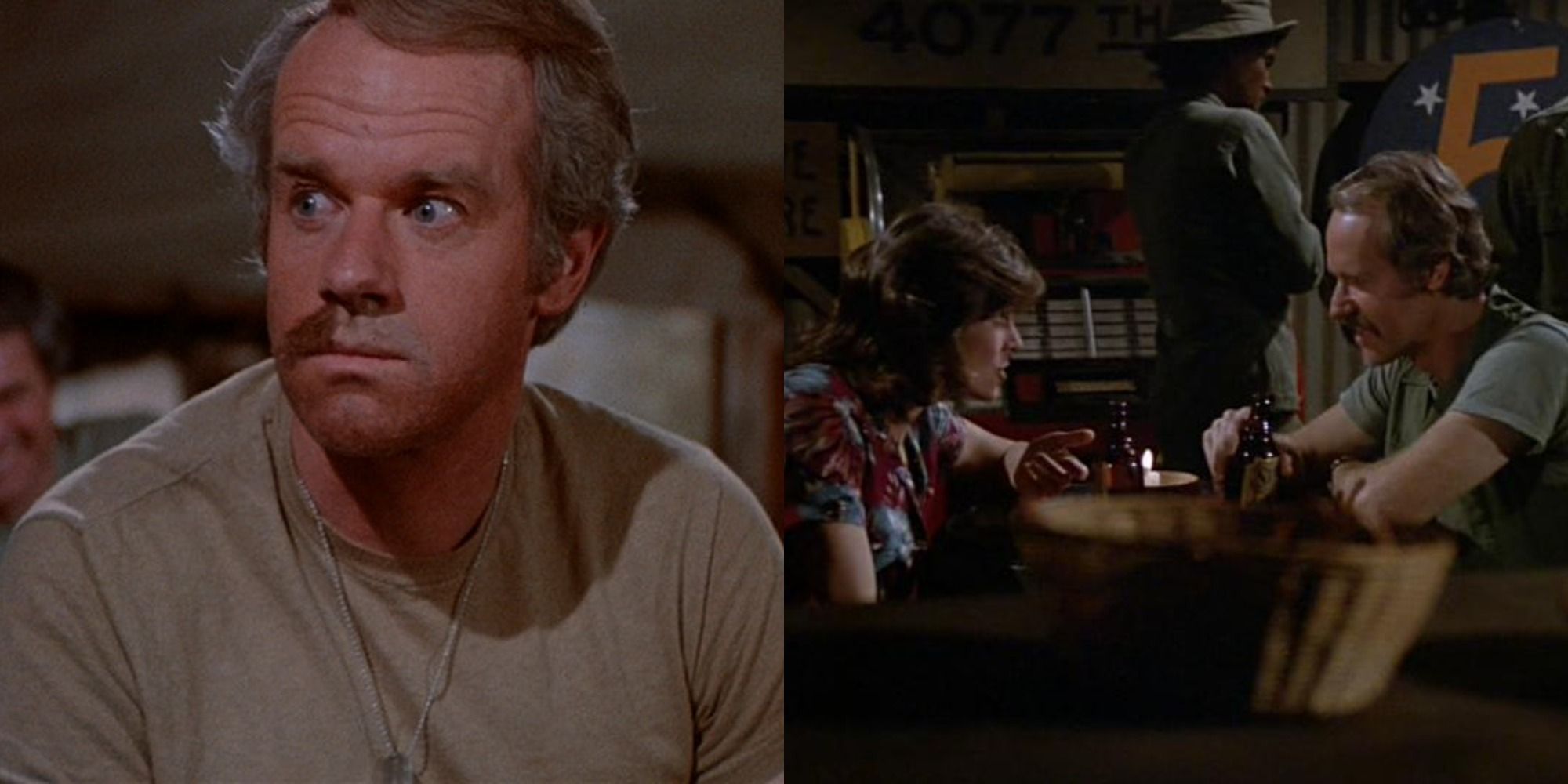 Split image showing Hunicutt shocked and on a date in MASH