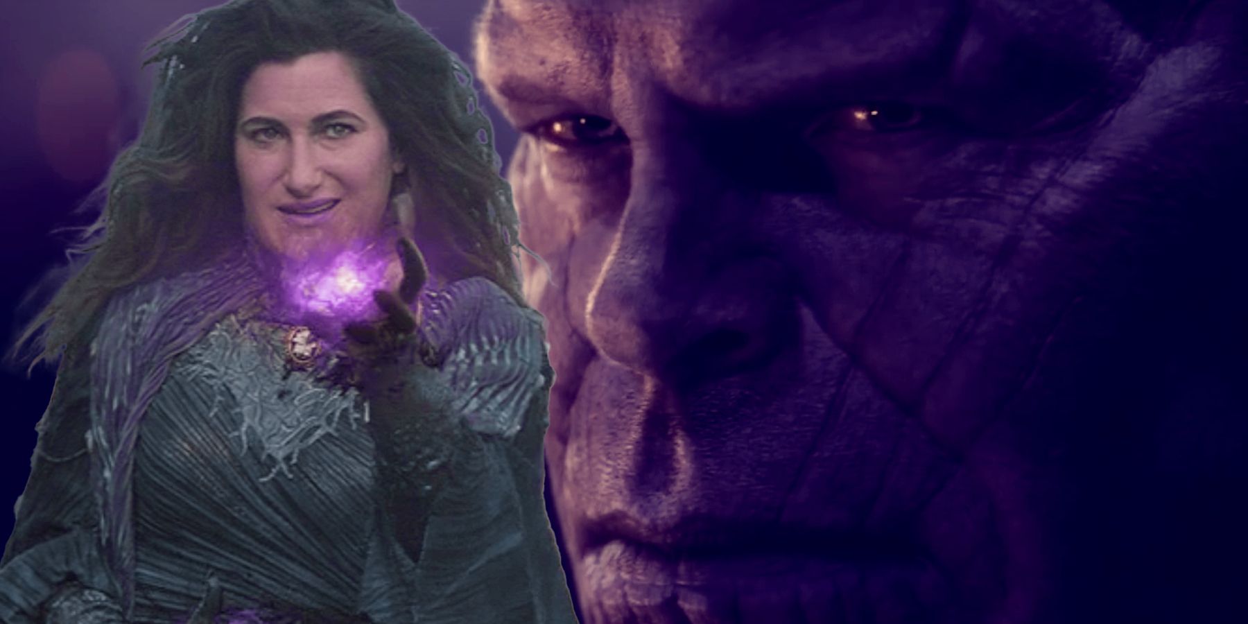 Agatha Harkness using her magic; Thanos's knowing look on Knowhere