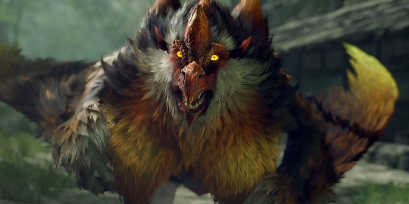 A Blood Orange Bishaten scowling in the Monster Hunter Rise: Sunbreak trailer