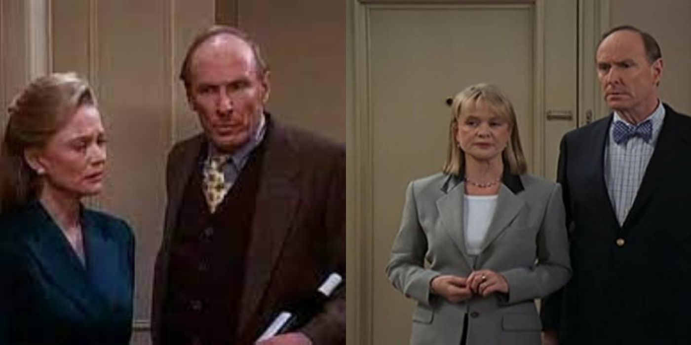 Split image of Maggie and Hal Conway looking serious on Mad About You