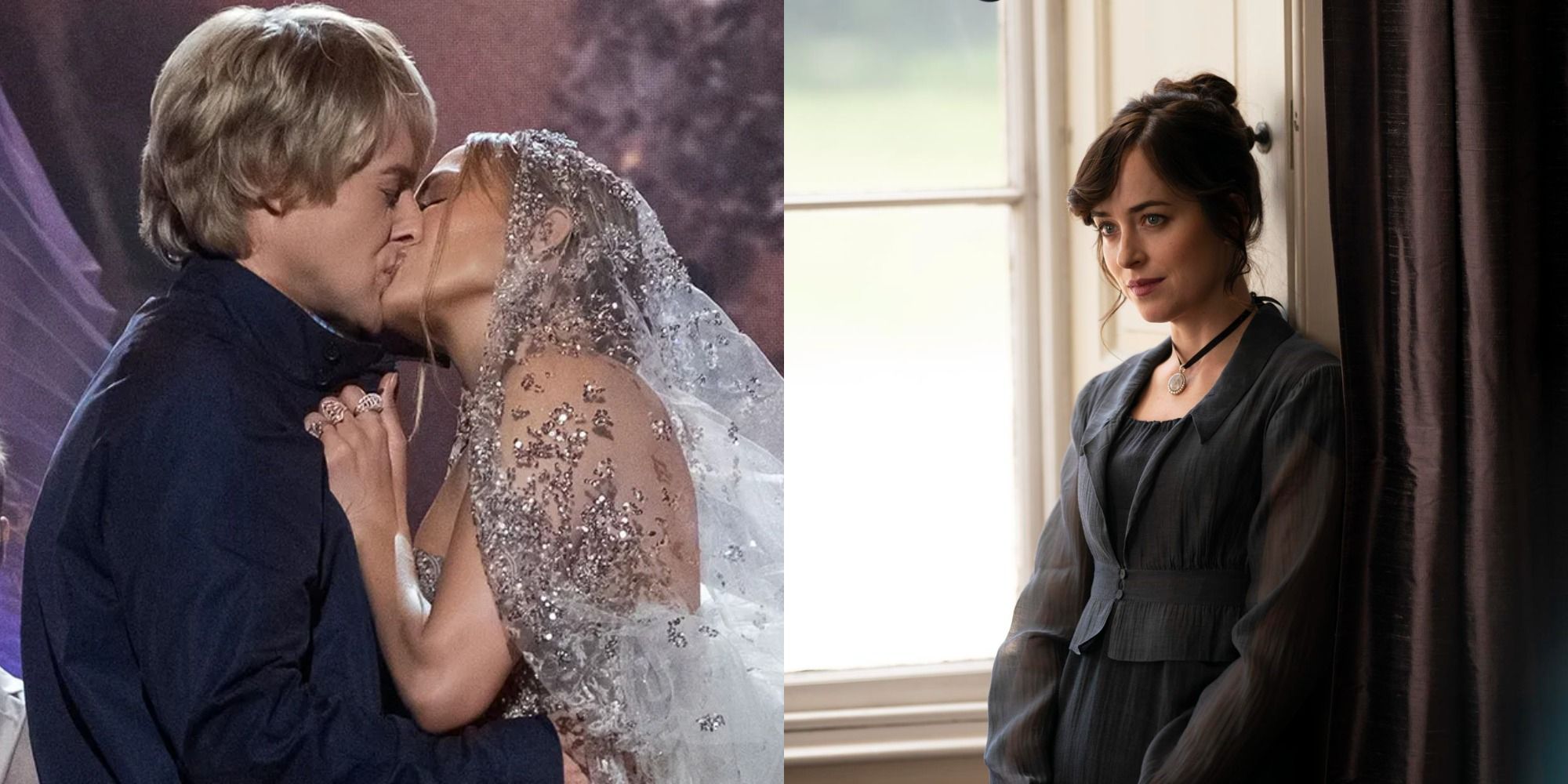 Split image showing a couple kissing in Marry Me and Anne Elliot in Persuasion