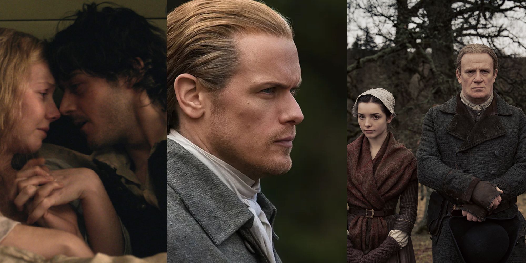 Split image of Marsali and Fegus, Jamie, and the Christies on Outlander