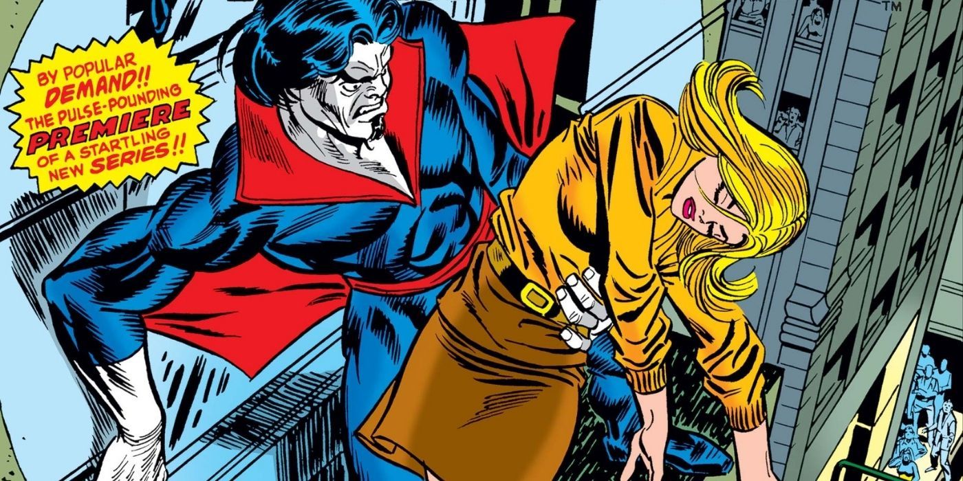 Morbius rescuing a woman in Marvel comics