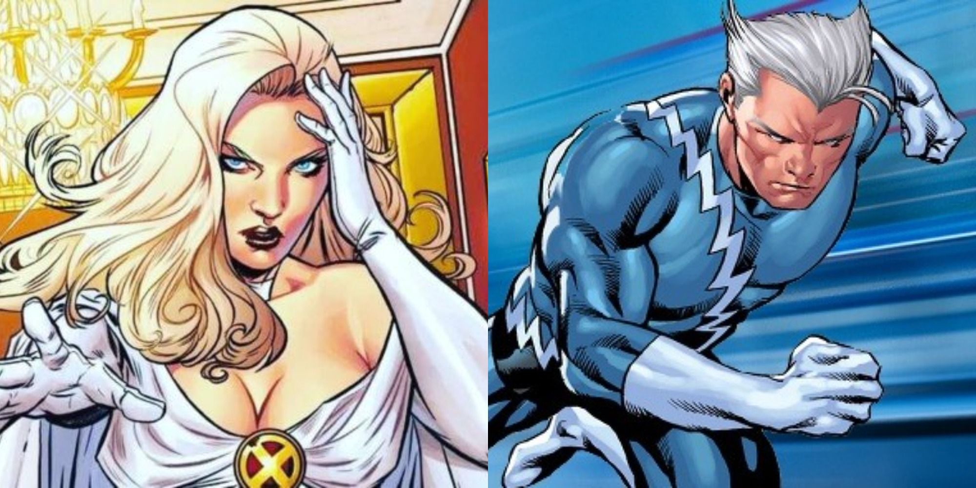 Split image showing Emma Frost and Quicksilver in Marvel Comics