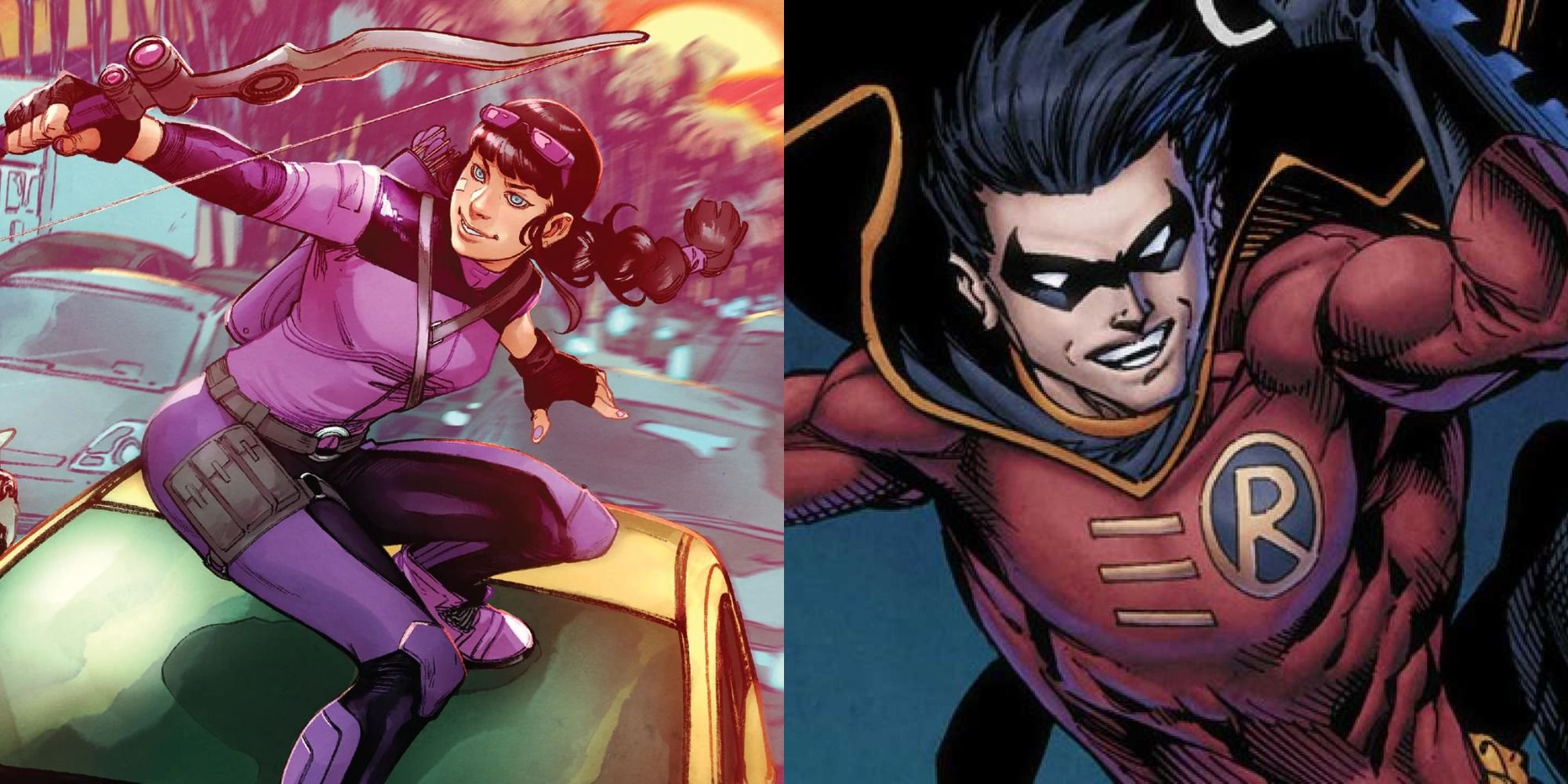 Split image showing Kate Bishop and Tim Drake in the comics