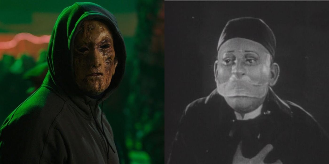 Split image of two masked horror figures