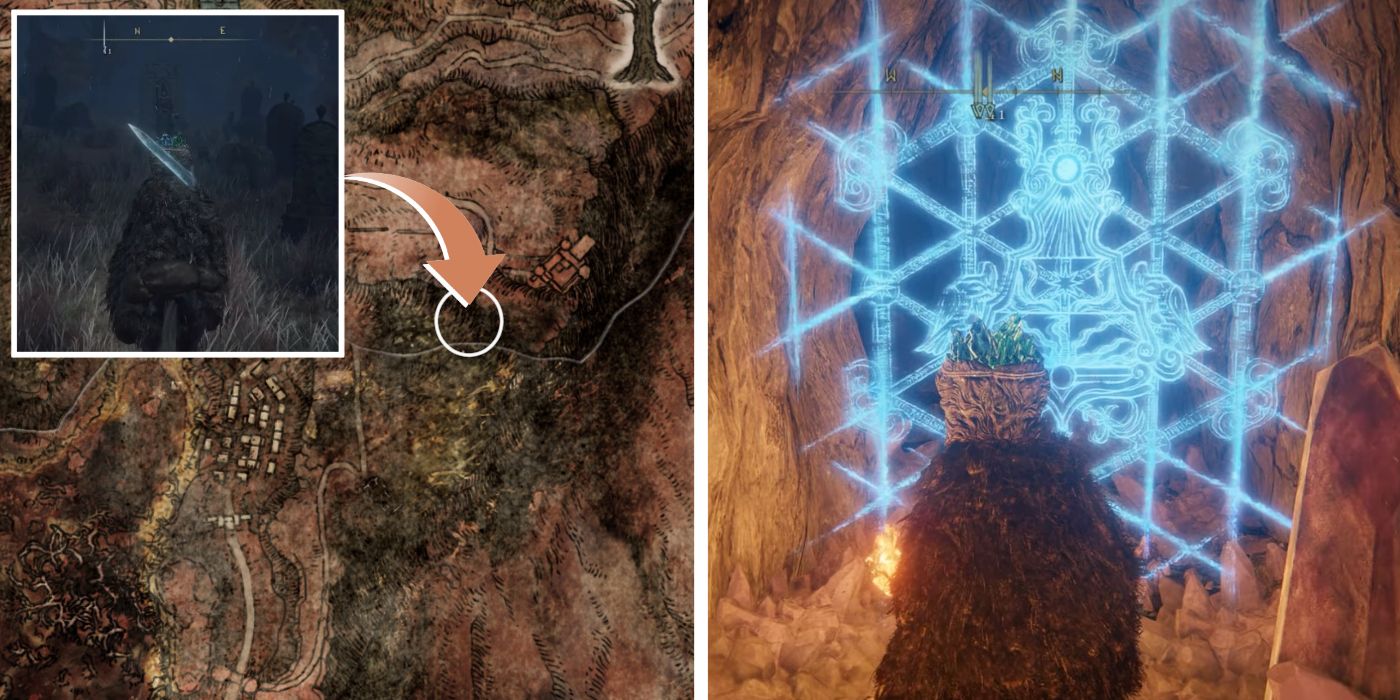 Master Lusat's Location on Elden Ring's map highlighted with a circle next to an image of the player standing in front of a magical seal.