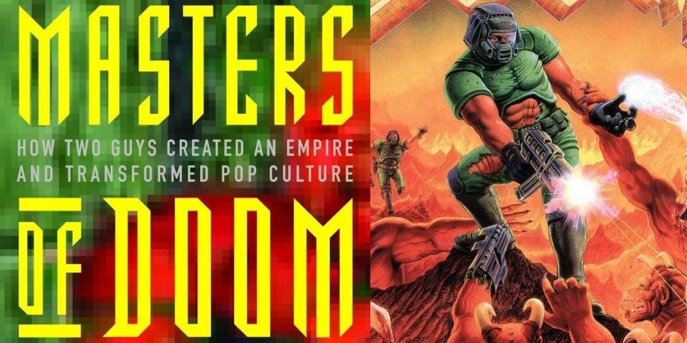 The Masters of Doom book cover sits next to the Doom Slayer, the game's protagonist
