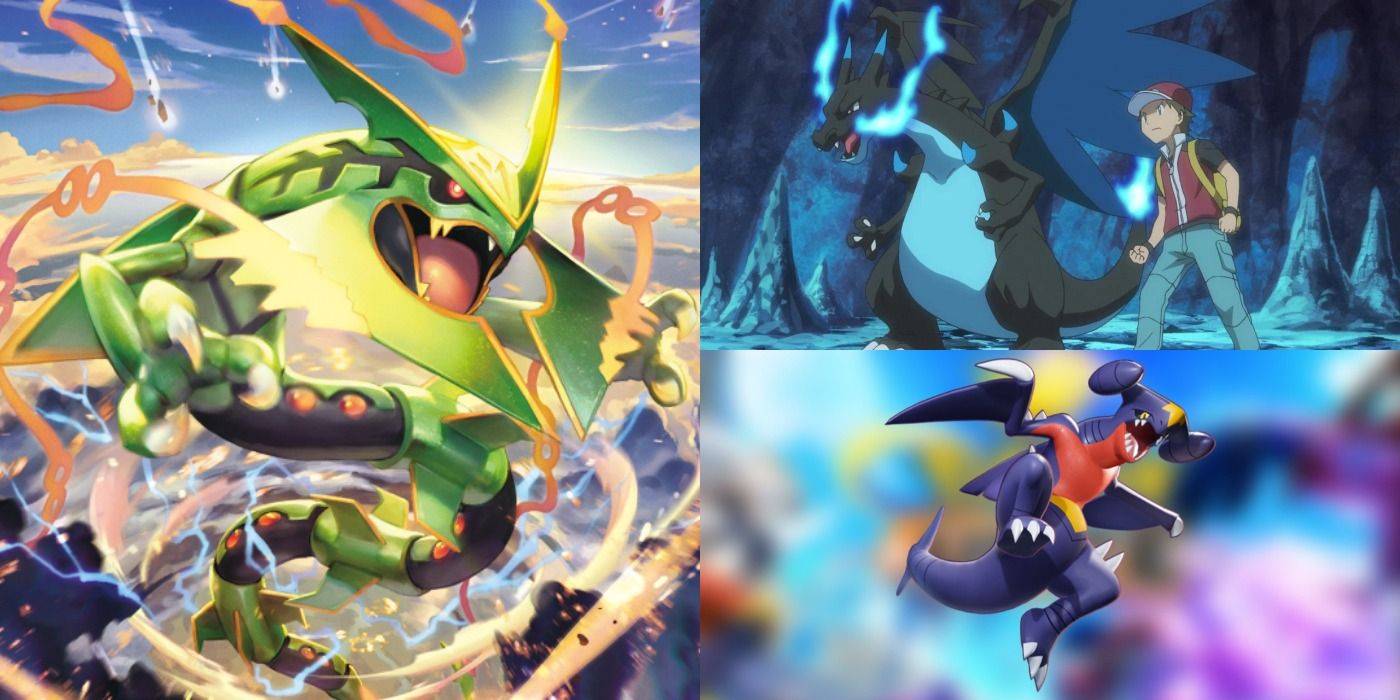 Split image of Mega Rayquaza, Mega Charizard X, and Garchomp Pokemon